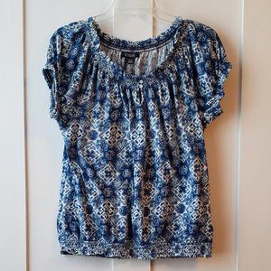 Chaps Short Sleeve Cotton Top with Shirring in Indigo Print | Women's XL | EUC